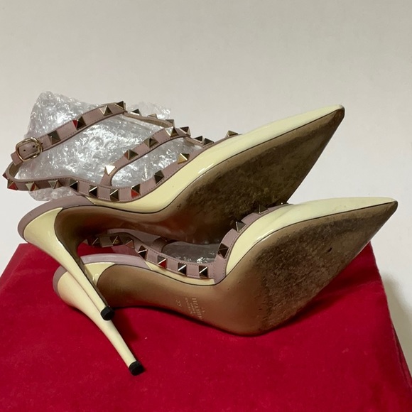 Valentino Rouckstud Double strap pointy toe off white patent leather high heels - Picture 7 of 16